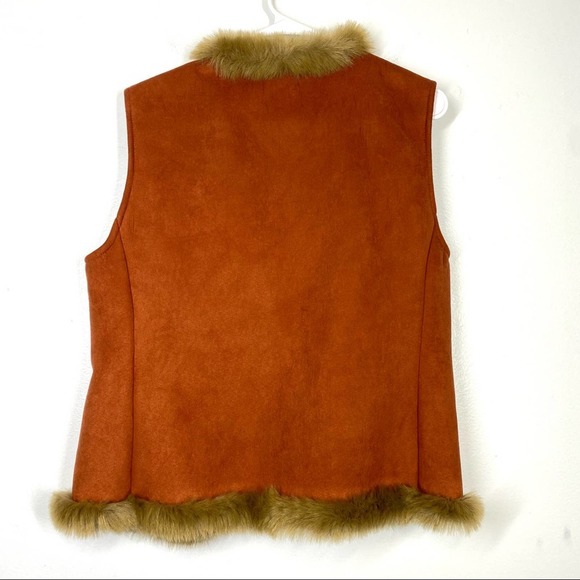VINTAGE Faux Fur Y2K Vest Vegan Suede Orange Brown Festival 90s Boho Large - Picture 5 of 5